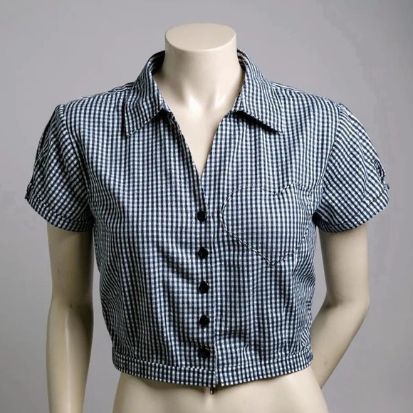 Handmade Tops - Upcycled Handmade Gingham Cropped Blouse With Heart Pocket One of a Kind